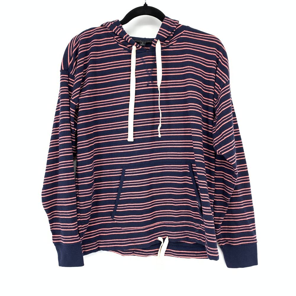 J. Crew Drawstring Hoodie Sweatshirt In Striped Terry Navy Blue Coral Size M NEW